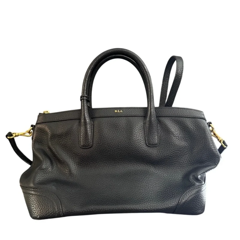 Lauren Ralph Lauren Black Pebbled Leather Satchel Crossbody Bag Gold Hardware